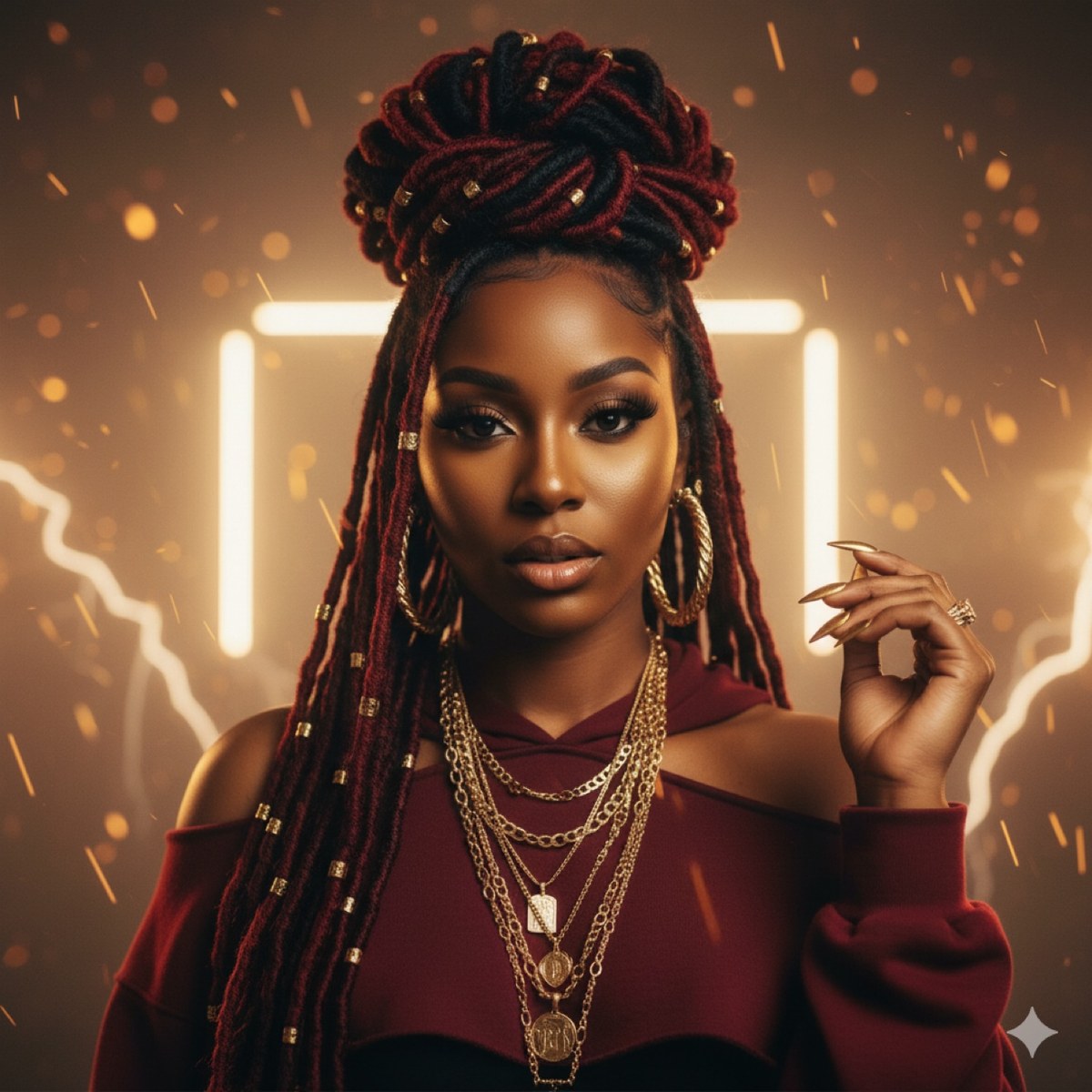 ILLANI — burgundy locs, gold chains, neon glow