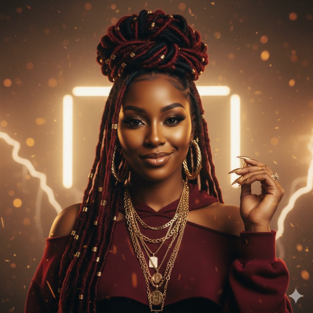 ILLANI smiling — burgundy locs with gold beads