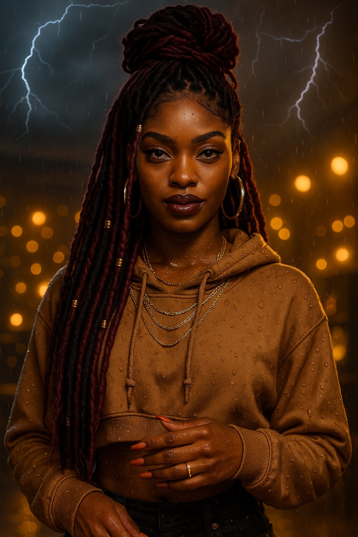 ILLANI in the rain — lightning behind her